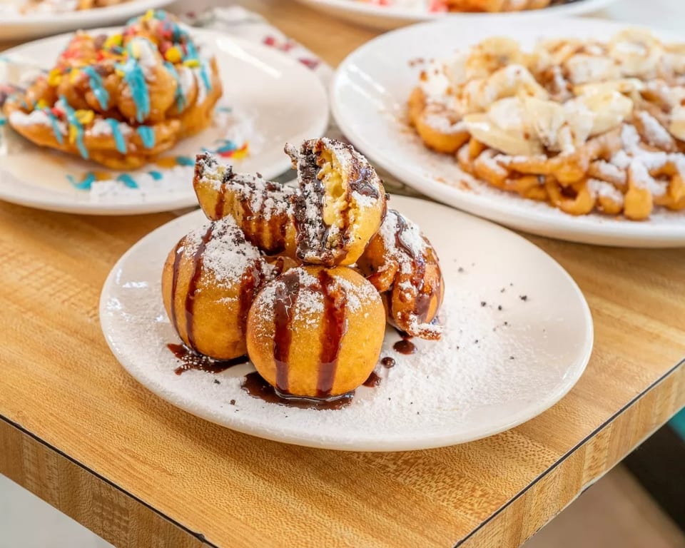 Plates of various fried desserts, including chocolate-filled dough balls and funnel cakes with toppings.